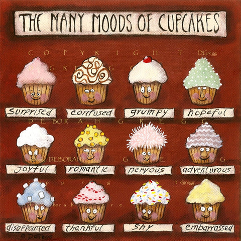 "The Many Moods Of Cupcakes," a Whimsical Cupcake Inspirational Baking PRINT by Deborah Gregg