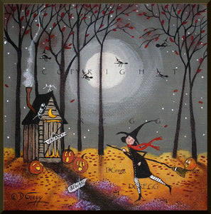 "Pit Stop," a small Halloween Outhouse Witch Jack o Lanterns PRINT by Deborah Gregg