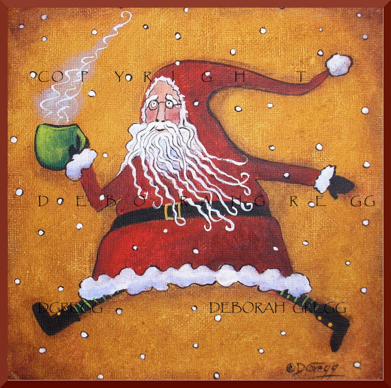 "On The Go With Cocoa," a Small Folk Art Santa Primitive Christmas PRINT by Deborah Gregg