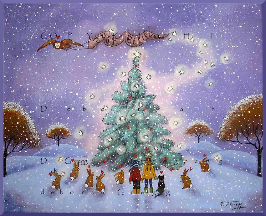 "Just Believe," a Small Winter Snow Hearts Christmas PRINT by Deborah Gregg