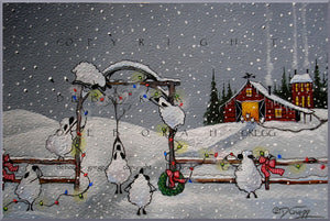 "A Christmas Welcome," a Sheep Barn Country Holiday Snow Print by Deborah Gregg