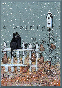 "Snowflake Watching," a small Cat Garden Snow Birdhouse PRINT by Deborah Gregg