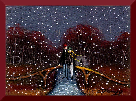"Meet Me On The Bridge," a tiny Love Valentine Anniversary Couple Yellow Braids Snow Fall PRINT by Deborah Gregg