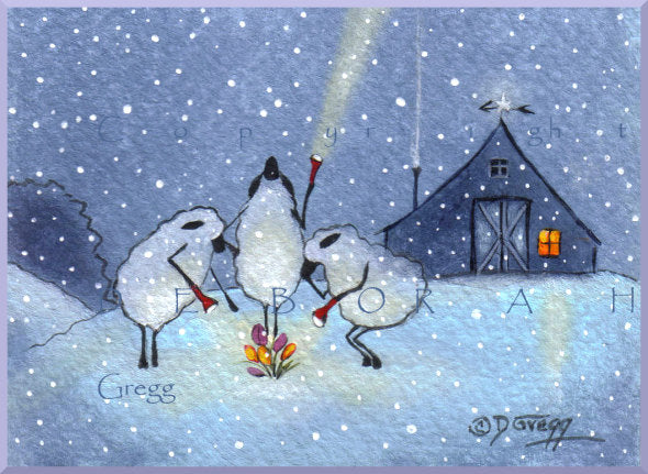 "The Magic Of Spring," a Tiny Sheep Crocus Snow Barn Folk Art Hope PRINT by Deborah Gregg