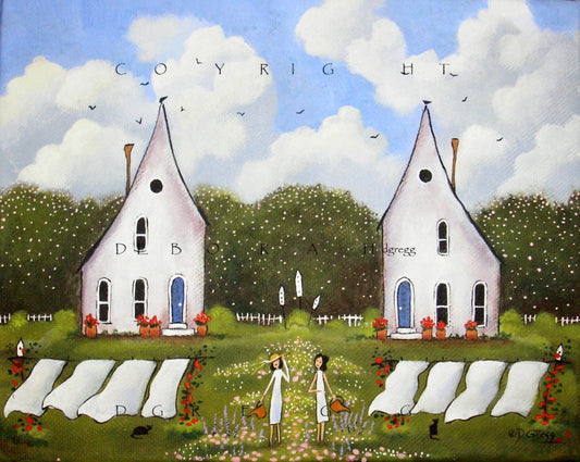 "Sisters In Spring," a Garden Laundry Line Apple Blossom PRINT by Deborah Gregg