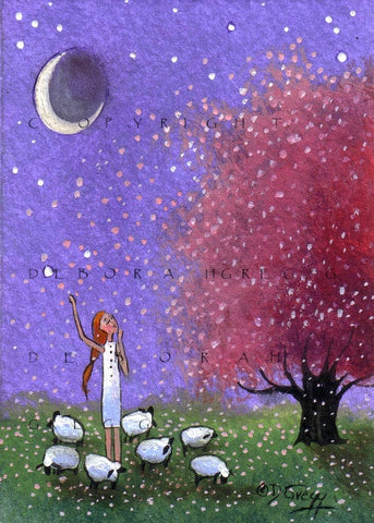 "Letting Go," a tiny Apple Petals Spring Shower Sheep Print by Deborah Gregg