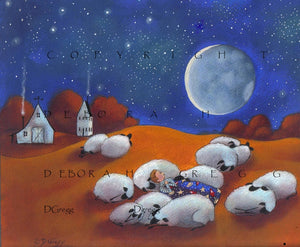 "Sleeping Out Under The Stars," (Larger version) A Sheep Moon Autumn Shepherd Nursery Folk Art PRINT by Deborah Gregg