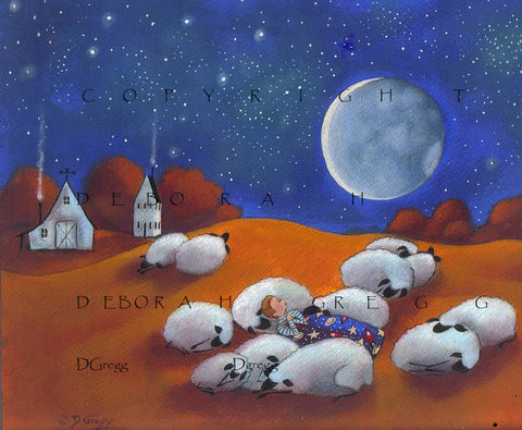 "Sleeping Out Under The Stars," (Larger version) A Sheep Moon Autumn Shepherd Nursery Folk Art PRINT by Deborah Gregg