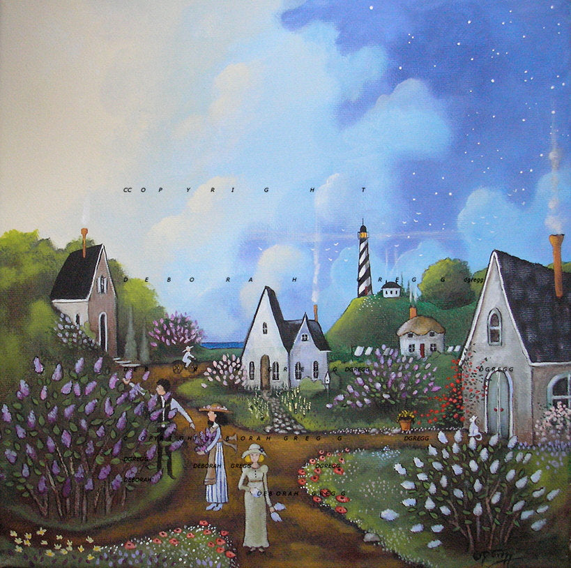 "Lilacs in the Morning Light," a spring lighthouse morning flowers neighbors country cottages folk art Print by Deborah Gregg
