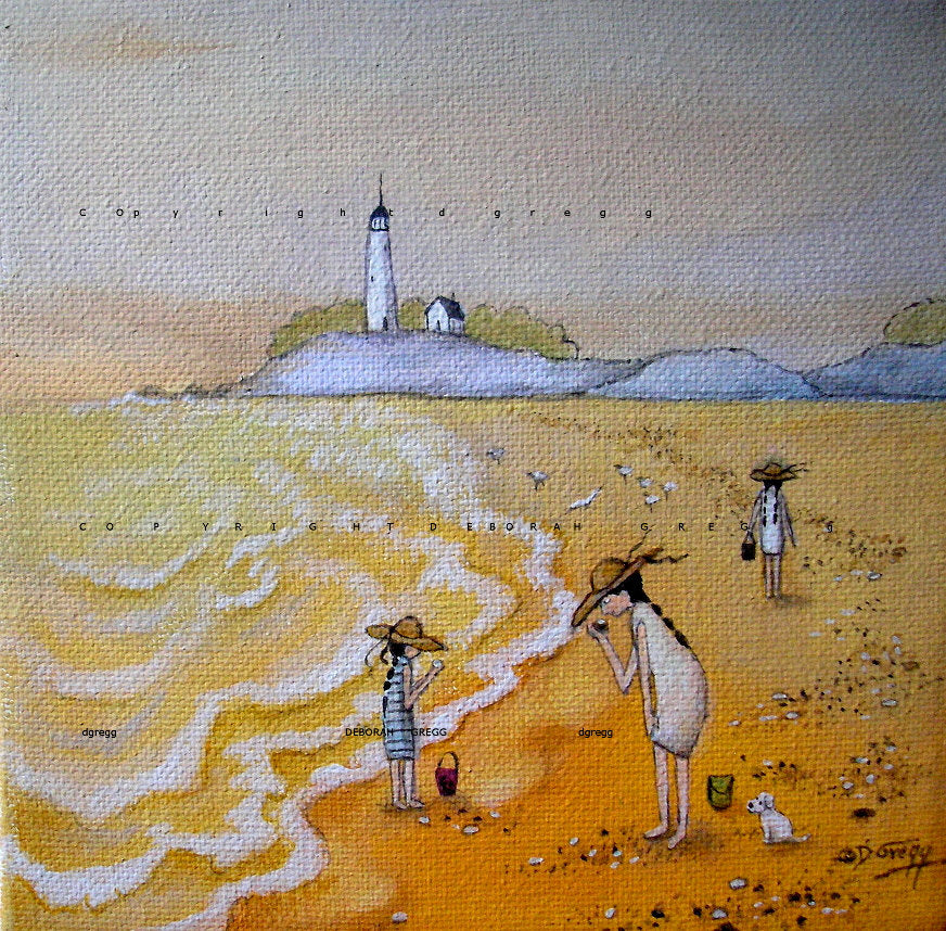 "Beach Girls," a small summer ocean shell collecting PRINT by Deborah Gregg