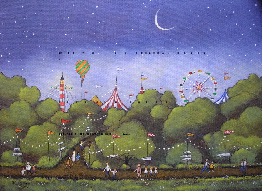 "Summer Night At The Fair," a small Country Folk Art Ferris Wheel Hot Air Balloon County Fair PRINT from the original by Deborah Gregg
