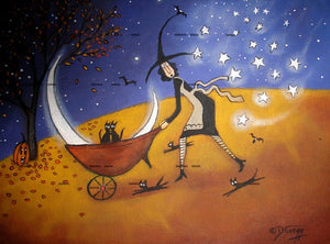 "Oh No She Di'nt," a small Folk Art Witch Halloween Black Cat Moon Stars Autumn PRINT by Deborah Gregg