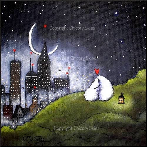 Love Blooms Up On Lookout Point, a Small Sheep Valentines Love Cityscape PRINT by Deborah Gregg