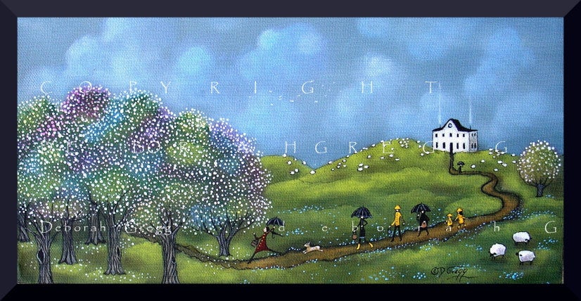 "A Perfect Day for Morel Mushrooms" a Country Saltbox Apple Orchard Spring Rain PRINT by Deborah Gregg