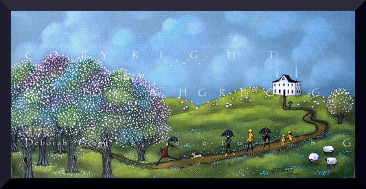 "A Perfect Day for Morel Mushrooms" a Country Saltbox Apple Orchard Spring Rain PRINT by Deborah Gregg