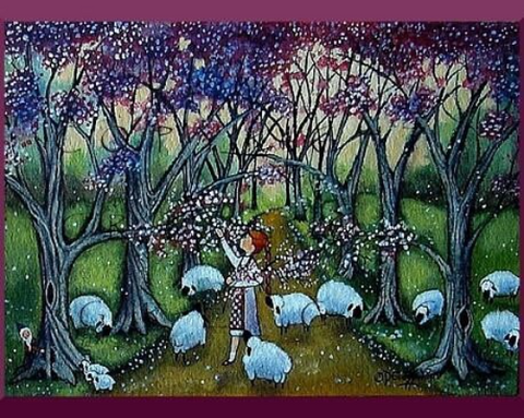"The Avenue," A tiny sheep spring blossoms PRINT by Deborah Gregg