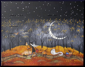 "On the Road Again"  a Halloween Autumn Traveling Witch Friends Print by Deborah Gregg