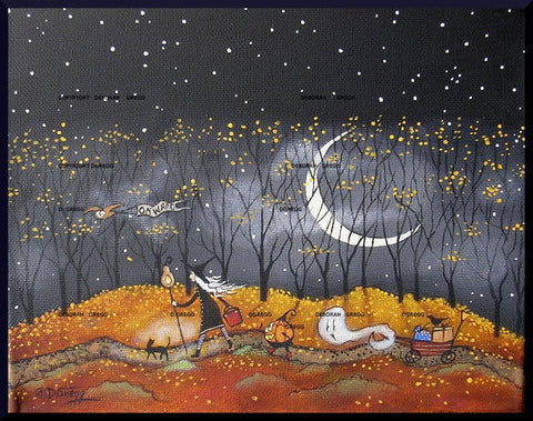 "On the Road Again"  a Halloween Autumn Traveling Witch Friends Print by Deborah Gregg